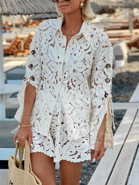 Vintage Exquise Kant Haak Slit Mouw Top En Shorts Set