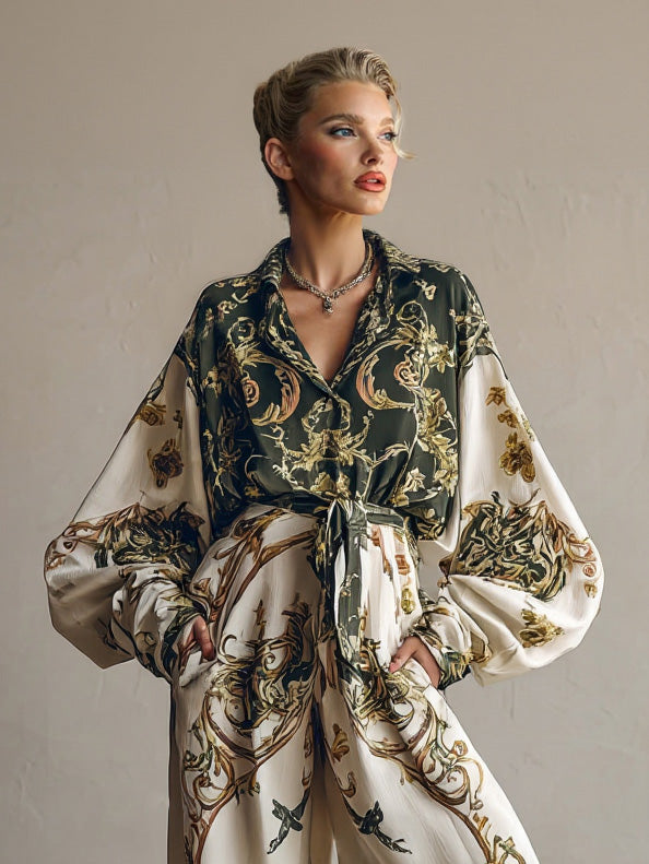 Retro Barok Bloemenprint Shirt Twee-delige Set