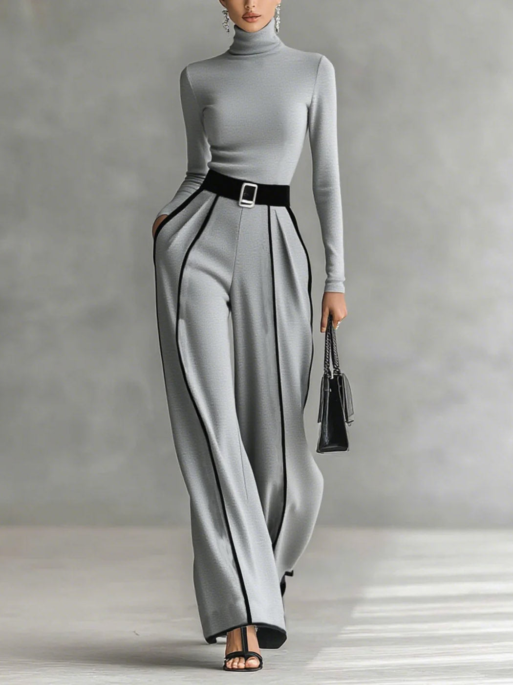 Elegante Hoge Taille Wijde Pantalon met Contrasterende Bies