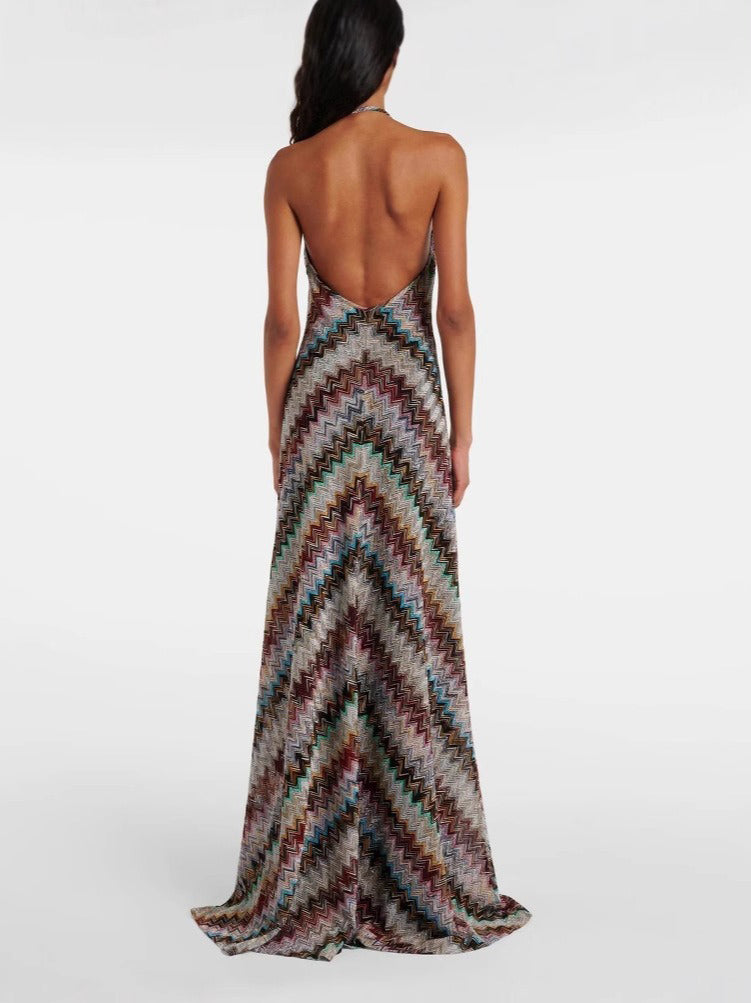 Casual Kleurrijke Gestreepte Gebreide Halter Maxi Jurk