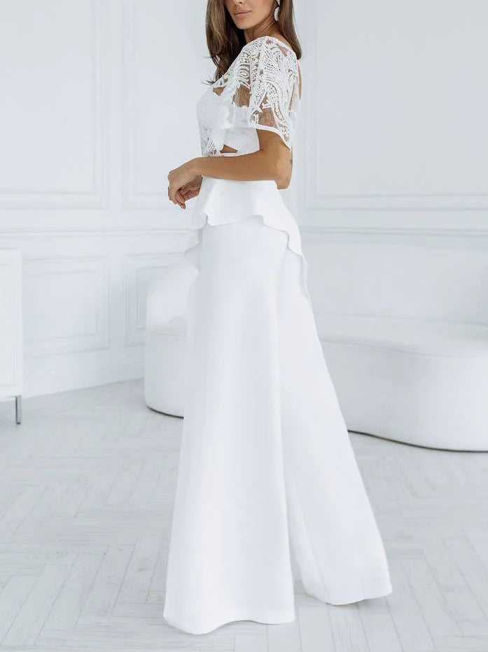 Elegante Een-schouder Kant Sjaal Split Broek Brede Pijpen Twee-delig Set