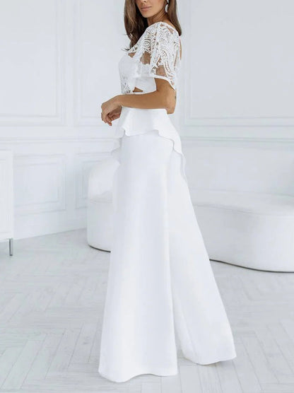 Elegante Een-schouder Kant Sjaal Split Broek Brede Pijpen Twee-delig Set
