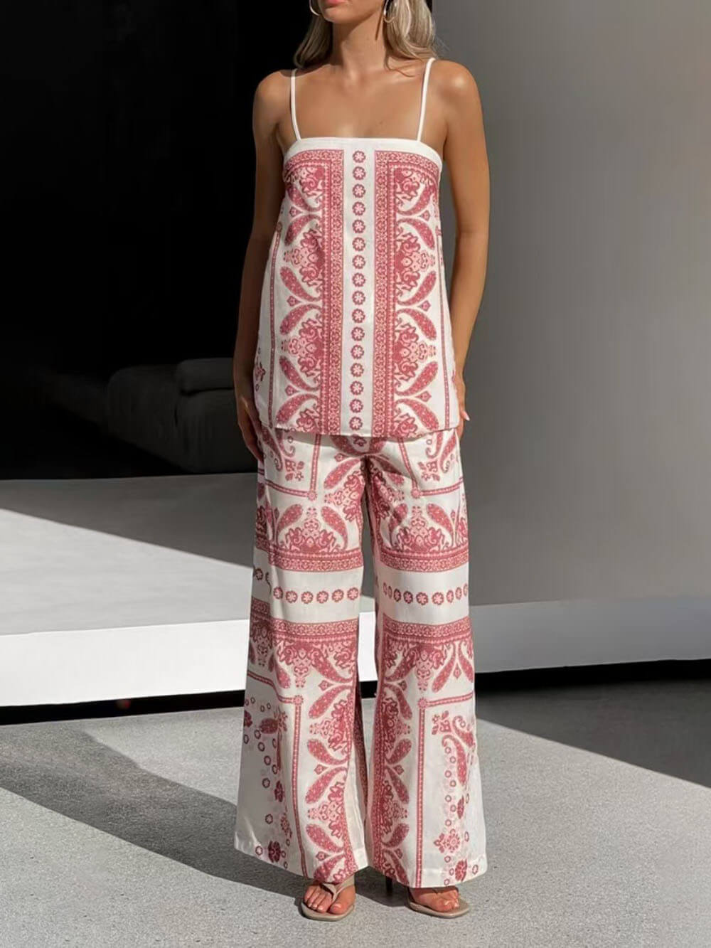 Moderne Unieke Bloemenprint Hoge Taille Pocket Wijde Pijpen Broek
