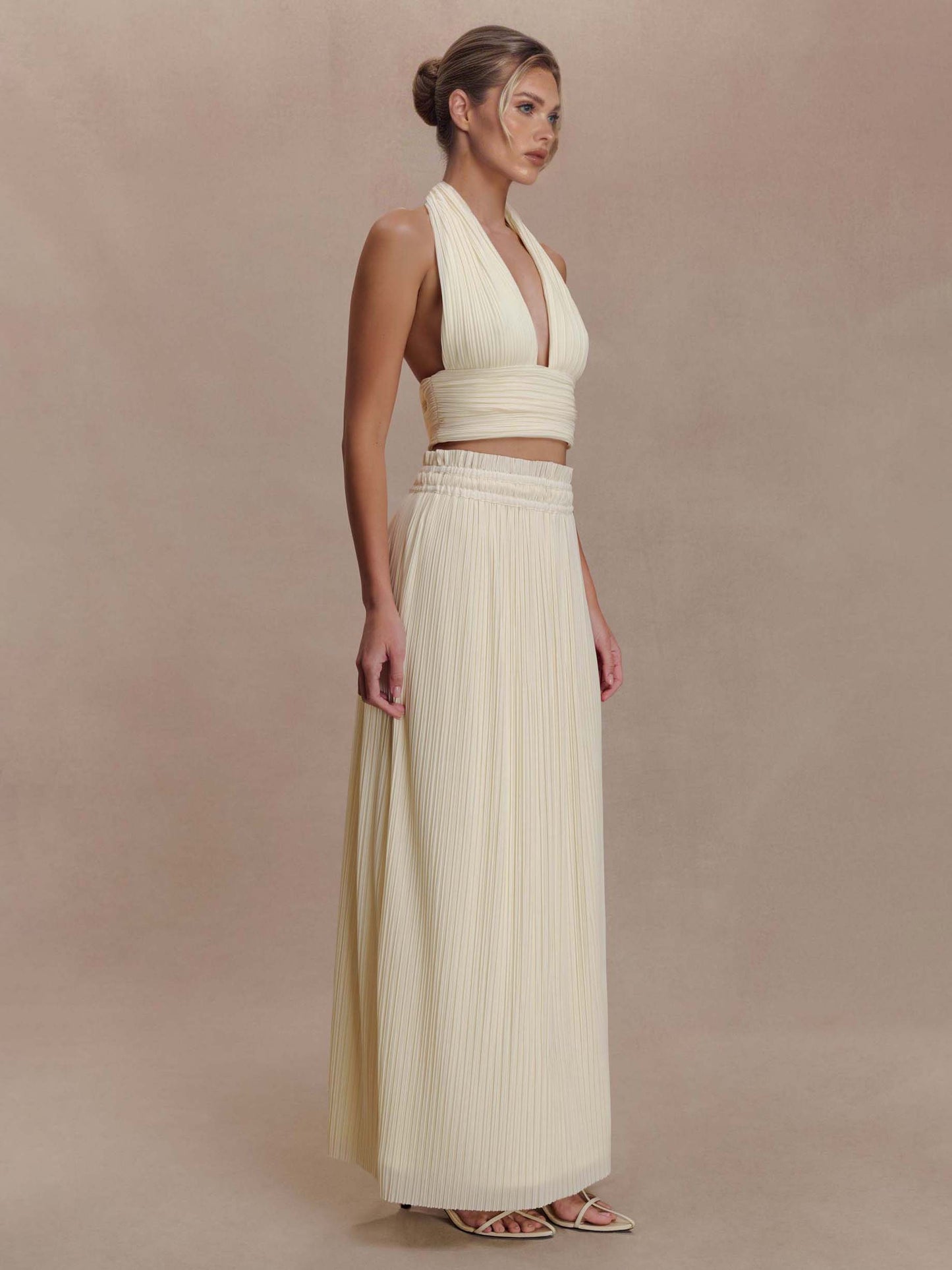 Rugloze Spaghetti Band Crop Top & Plissé Maxi Rok Twee-Delige Set