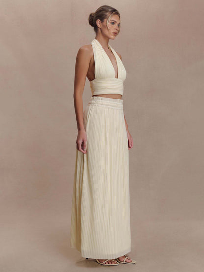 Rugloze Spaghetti Band Crop Top & Plissé Maxi Rok Twee-Delige Set