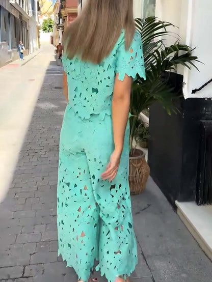 Casual Cutout Kanten Shirt & Wijde Pantalon Twee-Piece Set