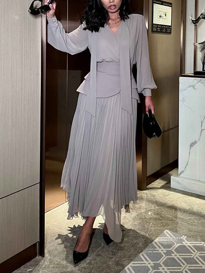 Elegante Blouse met Strik en Lange Mouwen & Hoge Taille Geplooide Maxi Rok Set