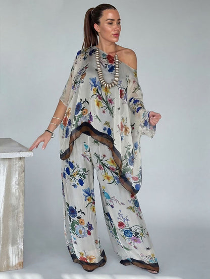 Elegante Transparante Bloemenprint Asymmetrische Top met Één Schouder & Wijde Pantalon Set