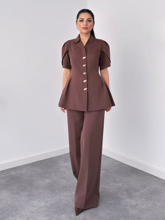 Elegante Top Met Pofmouwen En Rechte Broek Twee-Delige Set