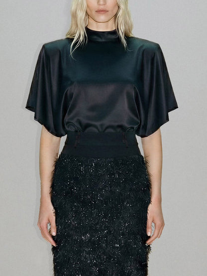 Elegante Satijnen Top & Pailletten Veren Midi Rok Twee-Delige Set