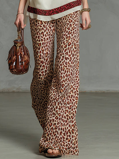 Mode Luipaardprint Chiffon Top En Elastische Taille Wijde Pantalon Set