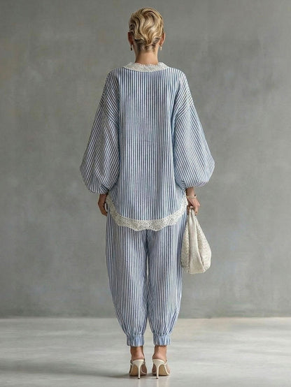Casual Gestreepte Batwing Mouw Top & Touwsluiting Jogger Broek Twee-Piece Set