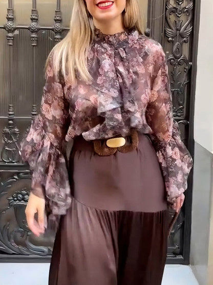 Elegante Bloemige Rimpel Chiffon Shirt En Rok Twee-delige Set