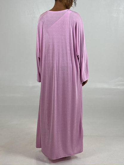 Elegante Roze Maxi Jurk Met Rimpelingen En Een Set Van Lange Mouwen Cardigan