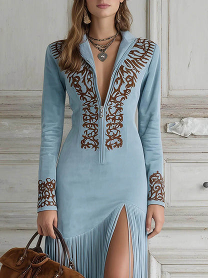 Vintage Western Halve-Rit Suede Franje Jurk