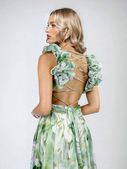 Elegante Lelieprint Tiered Ruffle Schouder Maxi Jurk