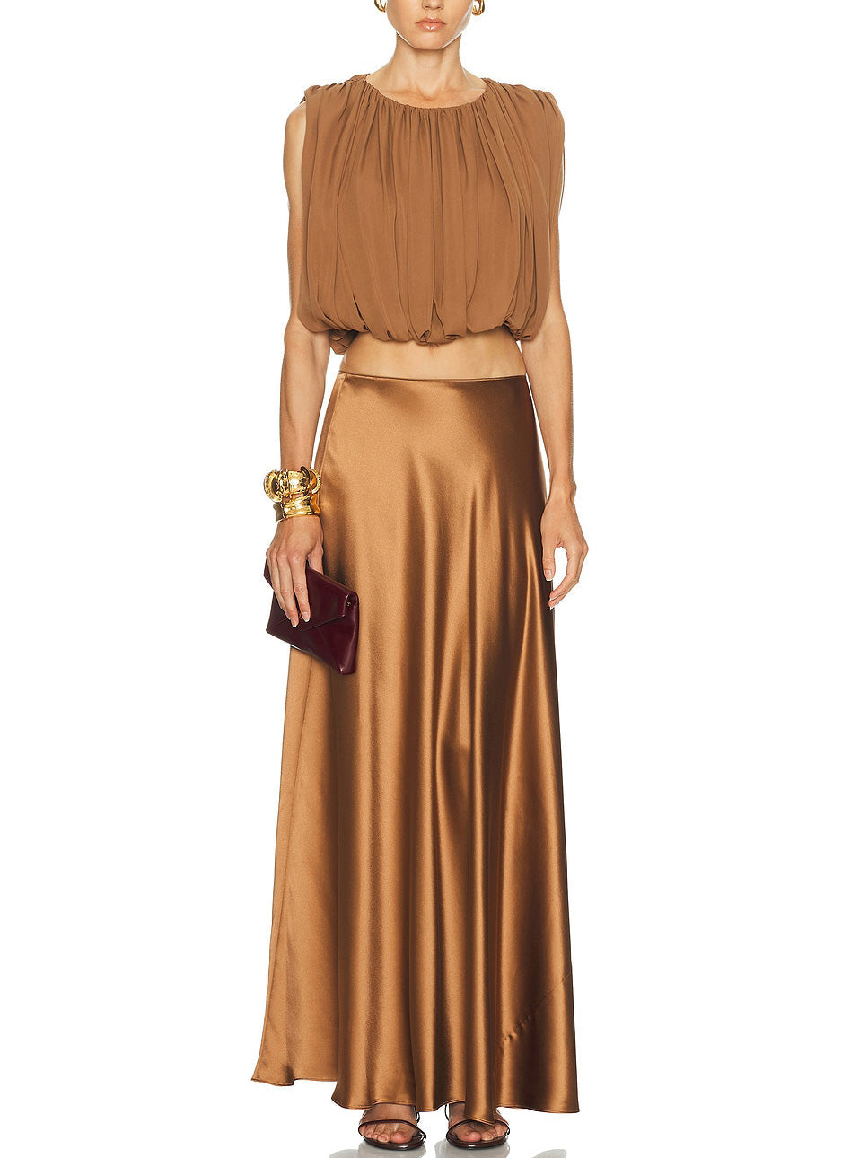 Elegante Gerimpelde Crop Top & Satijnen Midi Rok Set