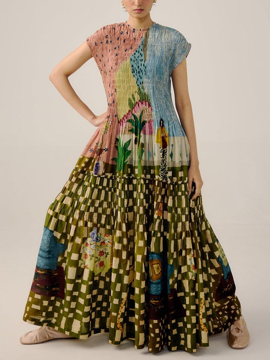 Retro Geplooide Print Maxi Jurk