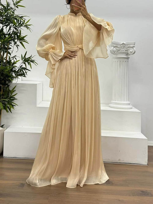 Modieuze Plissé Taille Lange Mouwen Chiffon Avond Maxi Jurk