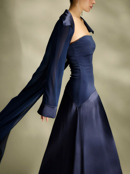 Elegante Satijnen Maxi Jurk & Lange Transparante Chiffon Cover-Up Twee-Delige Set