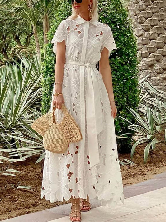 Zomer Casual Kanten Cardigan Enkele Knoop Maxi Jurk