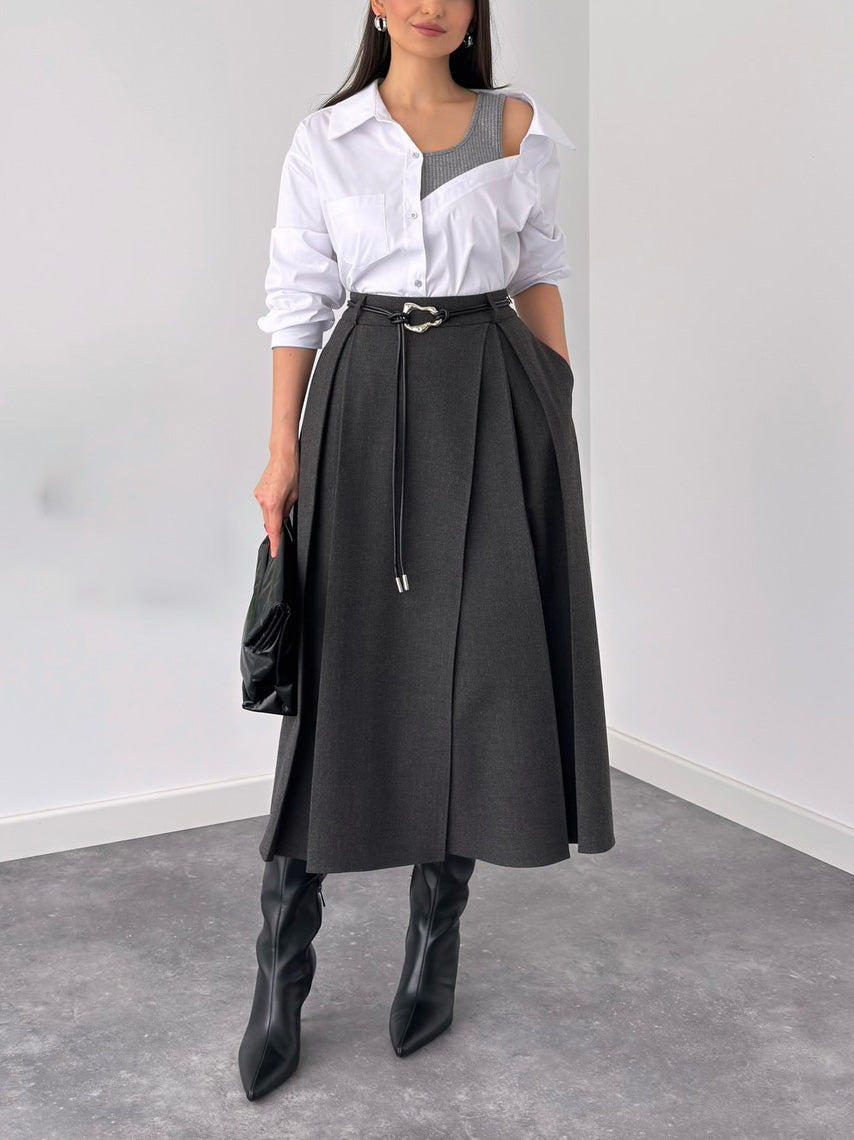 Moderne Gelaagde Blouse & Hoge Taille Midi Rok Twee-Delige Set