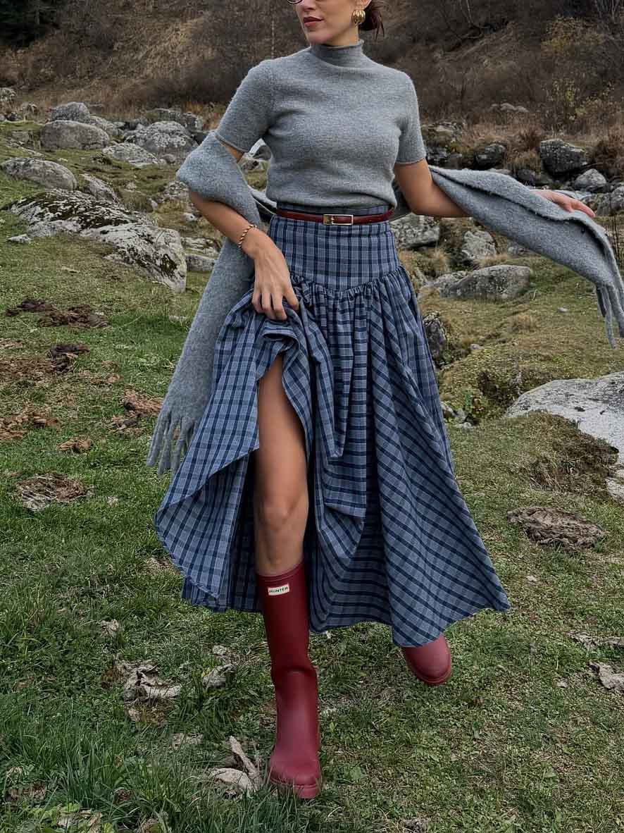 Retro Geruite Maxi Rok Twee-delige Set