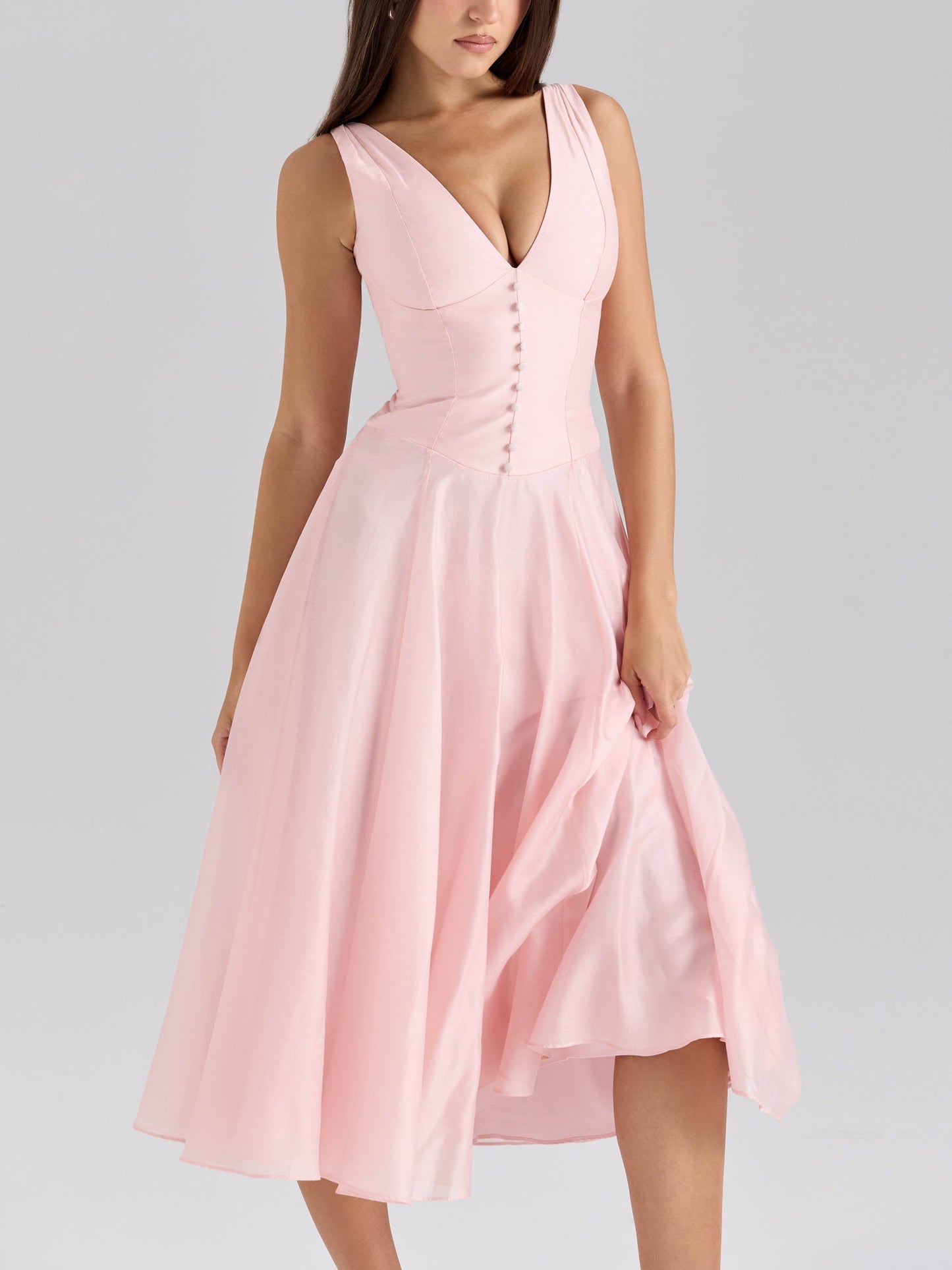 Elegante V-hals Chiffon Knopen Midi Jurk