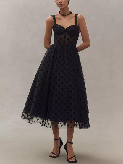 Exquise Perfecte Tulle Polka Dot Sweetheart Bustier A-Lijn Midi Jurk