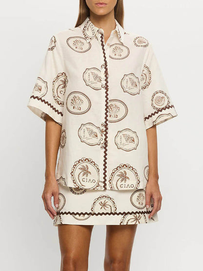 Elegante Vetersluiting Linnen Schelpprint Korte Mouwen Shirt En Rok Set