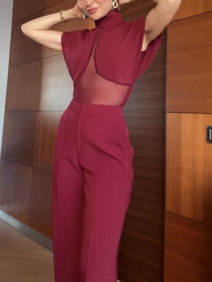 Elegante Top met Hoge Hals en Mesh Paneel & Split Broek Twee-Piece Set