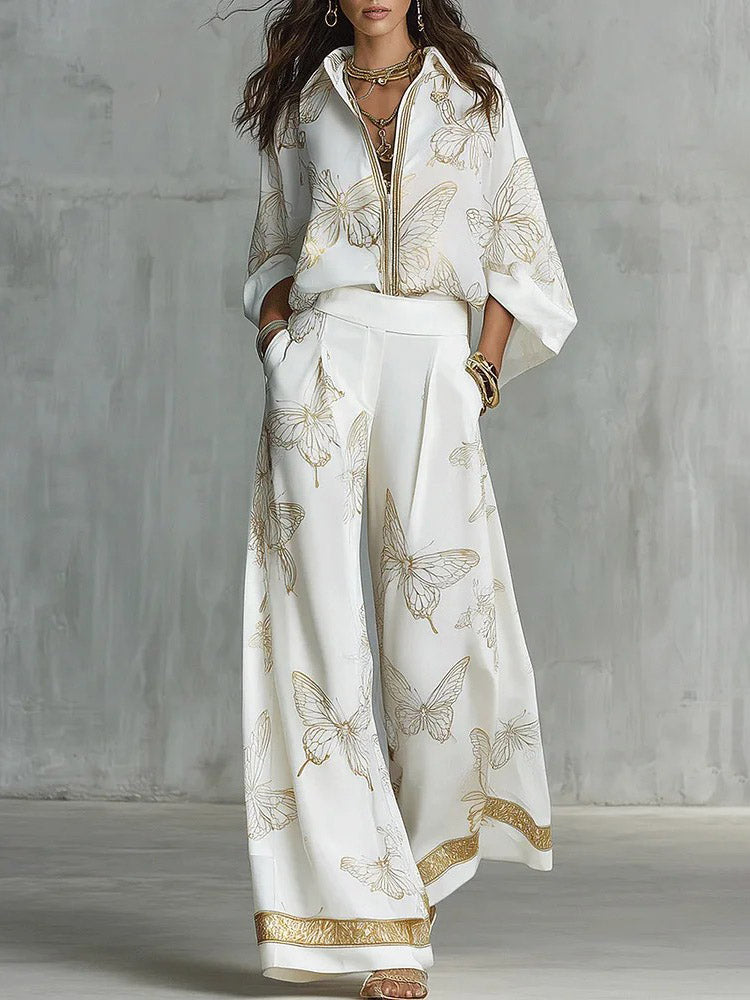 Elegante Vlinderprint Rits Top & Wijde Pantalon Set