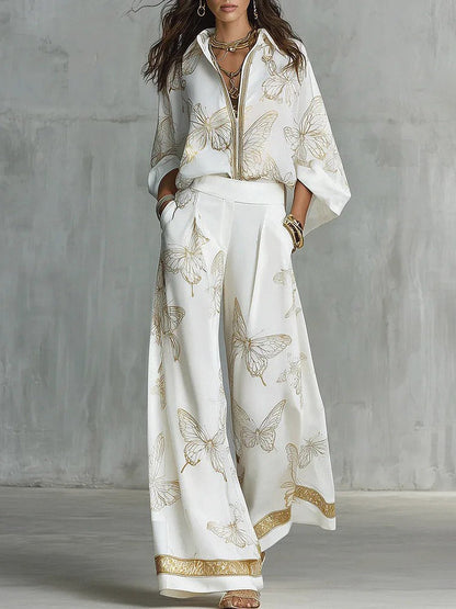 Elegante Vlinderprint Rits Top & Wijde Pantalon Set