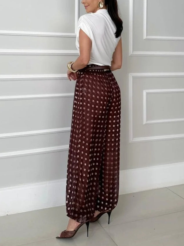 Casual Gebreide Vest & Polka Dot Chiffon Harem Broek Twee-Stuk Set