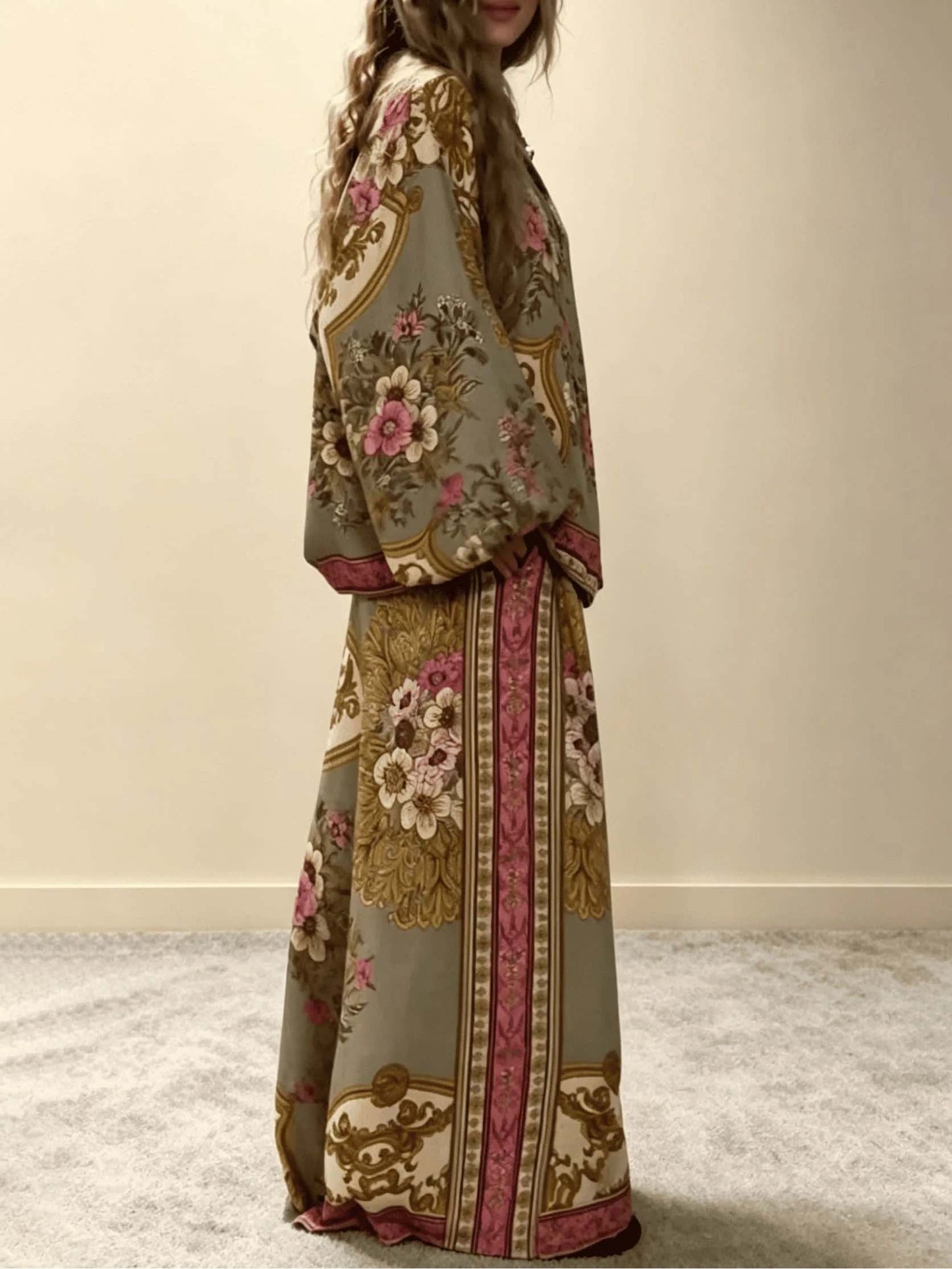 Retro Bloemen Barok Print Satijnen Shirt & Brede Pantalon Set