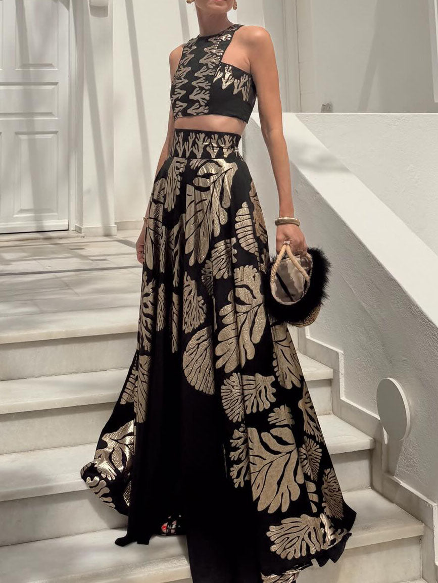 Bohemian Bladprint Crop Top & Maxi Rok Twee-Piece Set