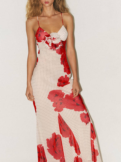 Elegante Bloemenprint Met Poka Dot Slip Maxi Jurk