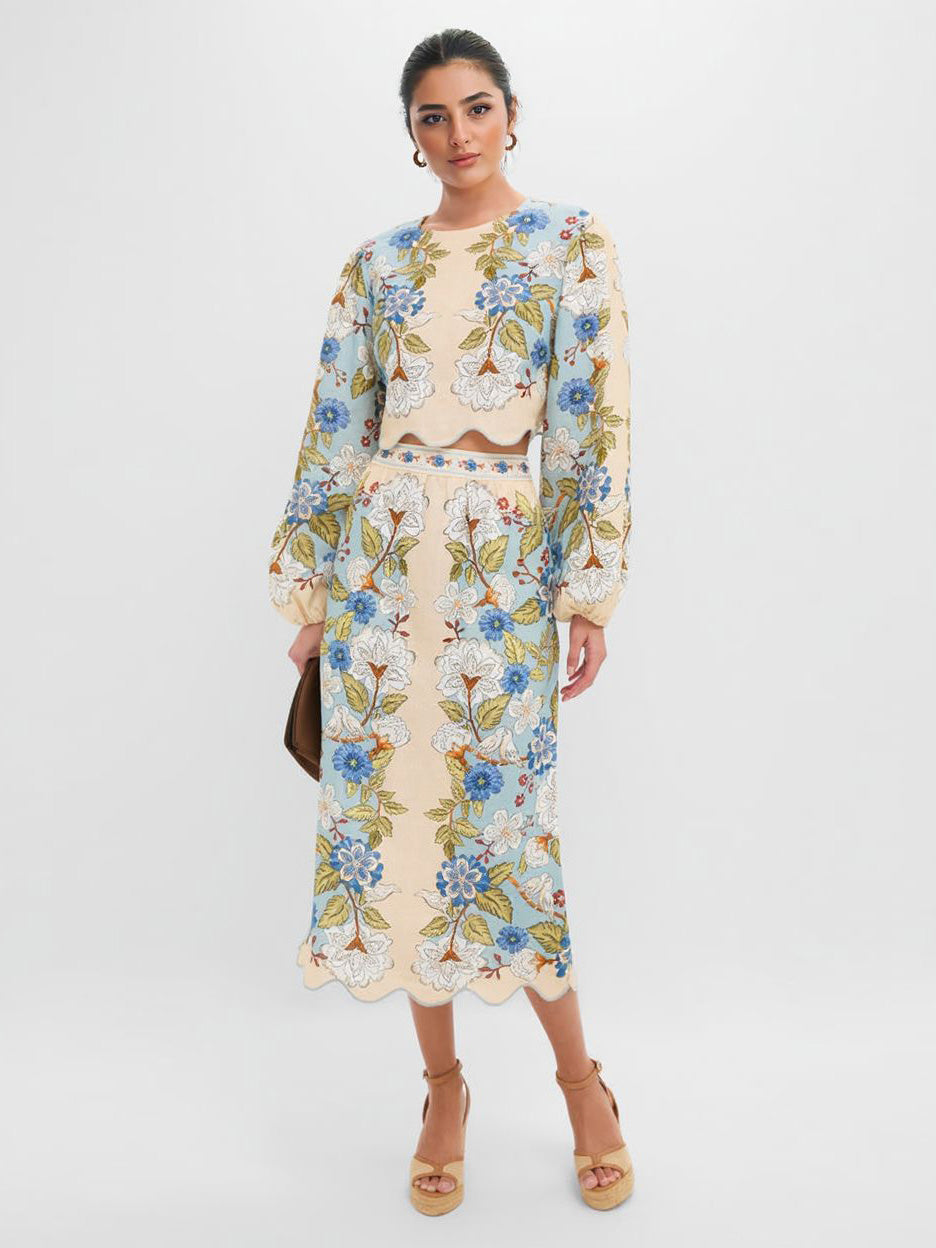 Retro Bloemen Geborduurde Lange Mouw Crop Top
