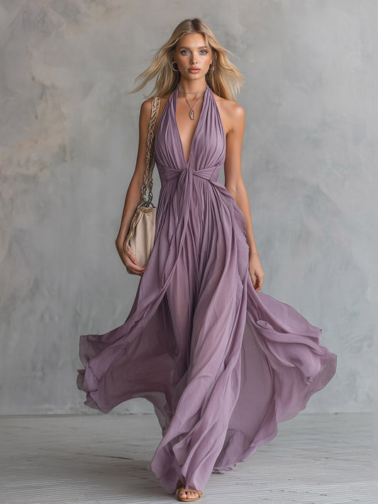 Elegante Rimpel Halter Nek Vloeiende Maxi Jurk