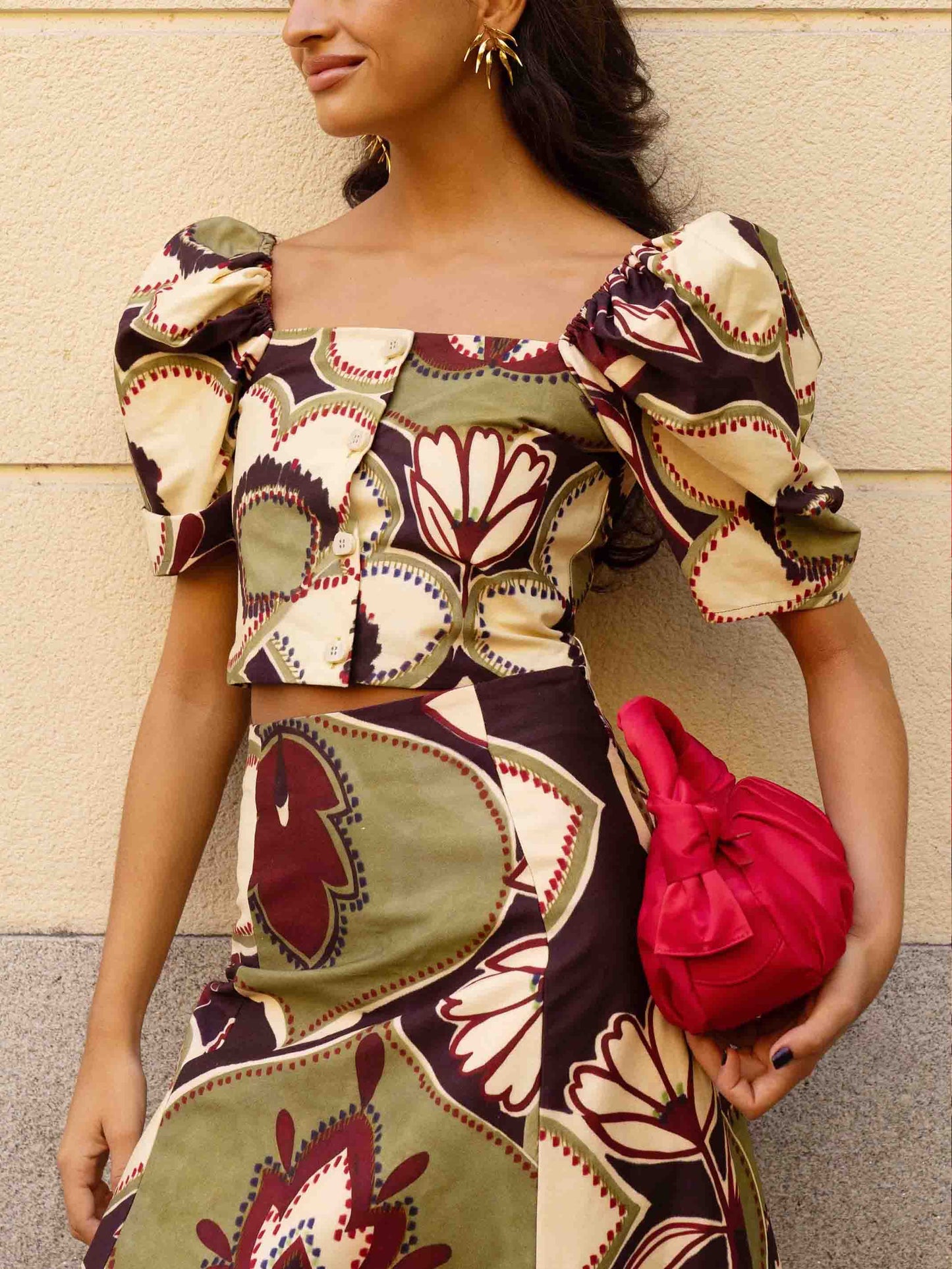 Elegante Retro Bloemen Puff Sleeve Rok Twee-delige Set