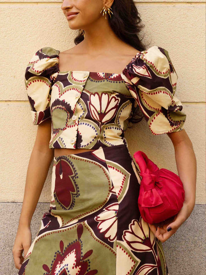 Elegante Retro Bloemen Puff Sleeve Rok Twee-delige Set