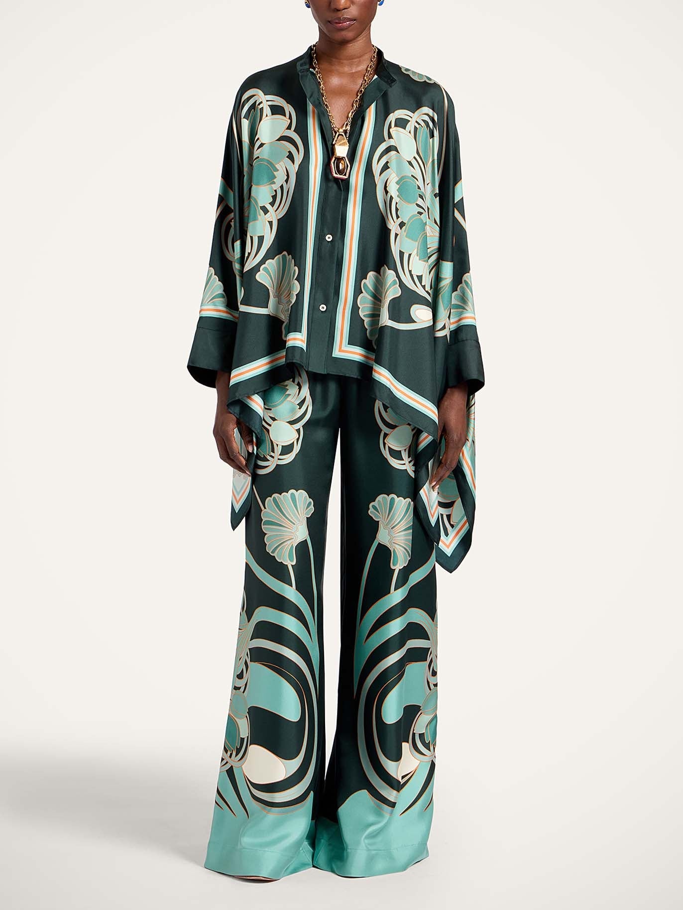 Elegante Abstracte Print Satijnen Blouse & Wijde Pantalon Set