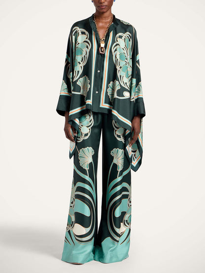 Elegante Abstracte Print Satijnen Blouse & Wijde Pantalon Set