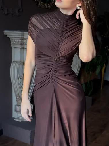 Mesh Geplooide Maxi Jurk met Korte Mouwen