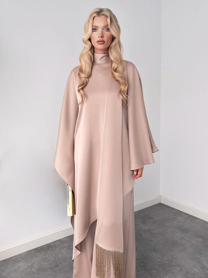 Elegante Hoge Hals Drapé Top En Wijde Broek Set