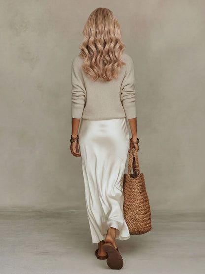 Elegante Gebreide V-Hals Trui & Satijnen Slip Dress Twee-Stuk Set