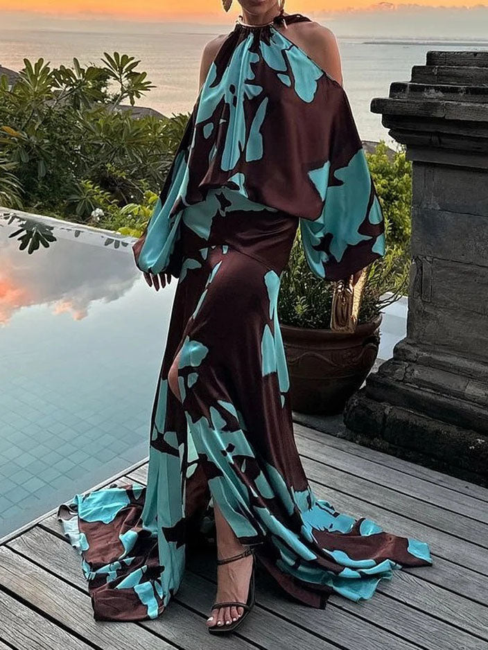 Elegante Off-Shoulder Abstract Print Maxi Jurk