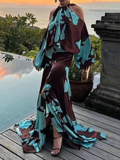 Elegante Off-Shoulder Abstract Print Maxi Jurk