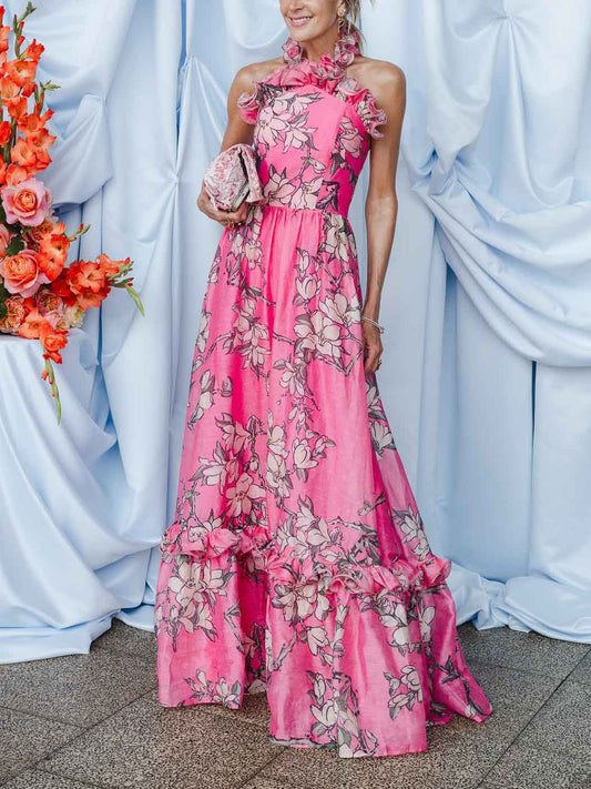 Exquise Bloemenprint Ruffled Halter Maxi Jurk