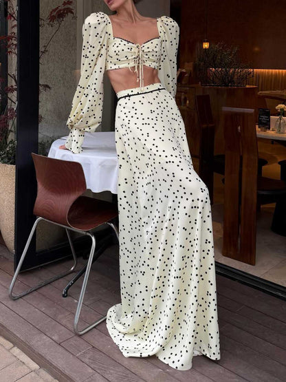 Elegante Polka Dot Crop Top & Maxi Rok Set